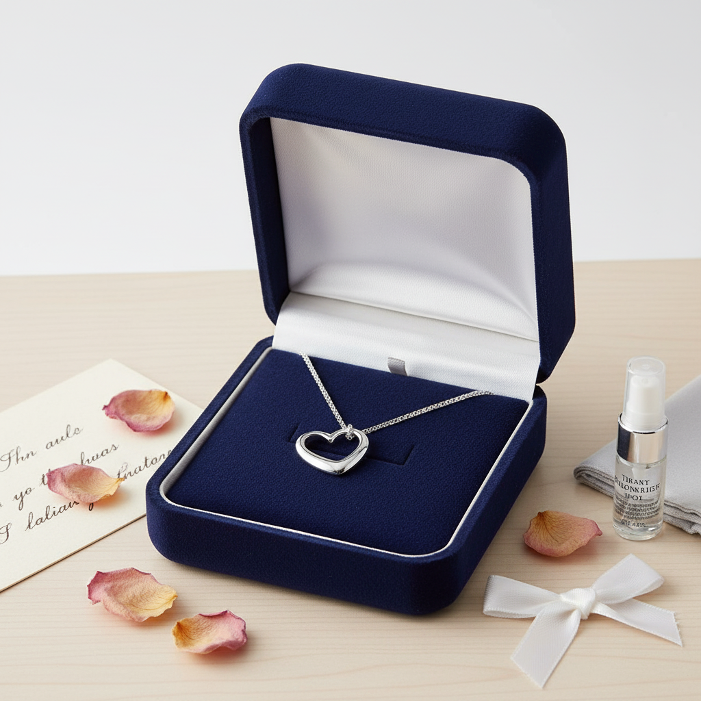 Sterling silver heart necklace from Melchior Jewellery in a navy blue velvet gift box with rose petals and small perfume bottle