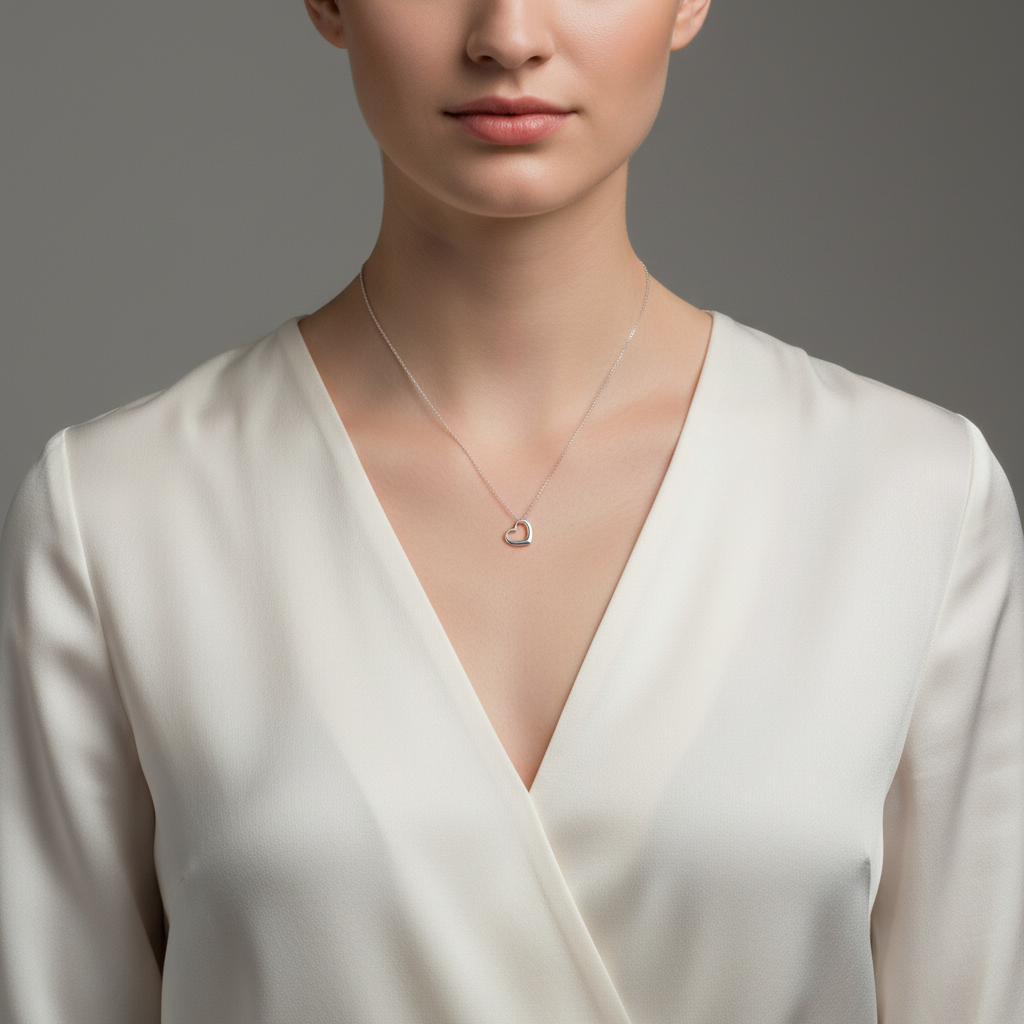 Melchior Jewellery sterling silver heart necklace worn by woman in white blouse