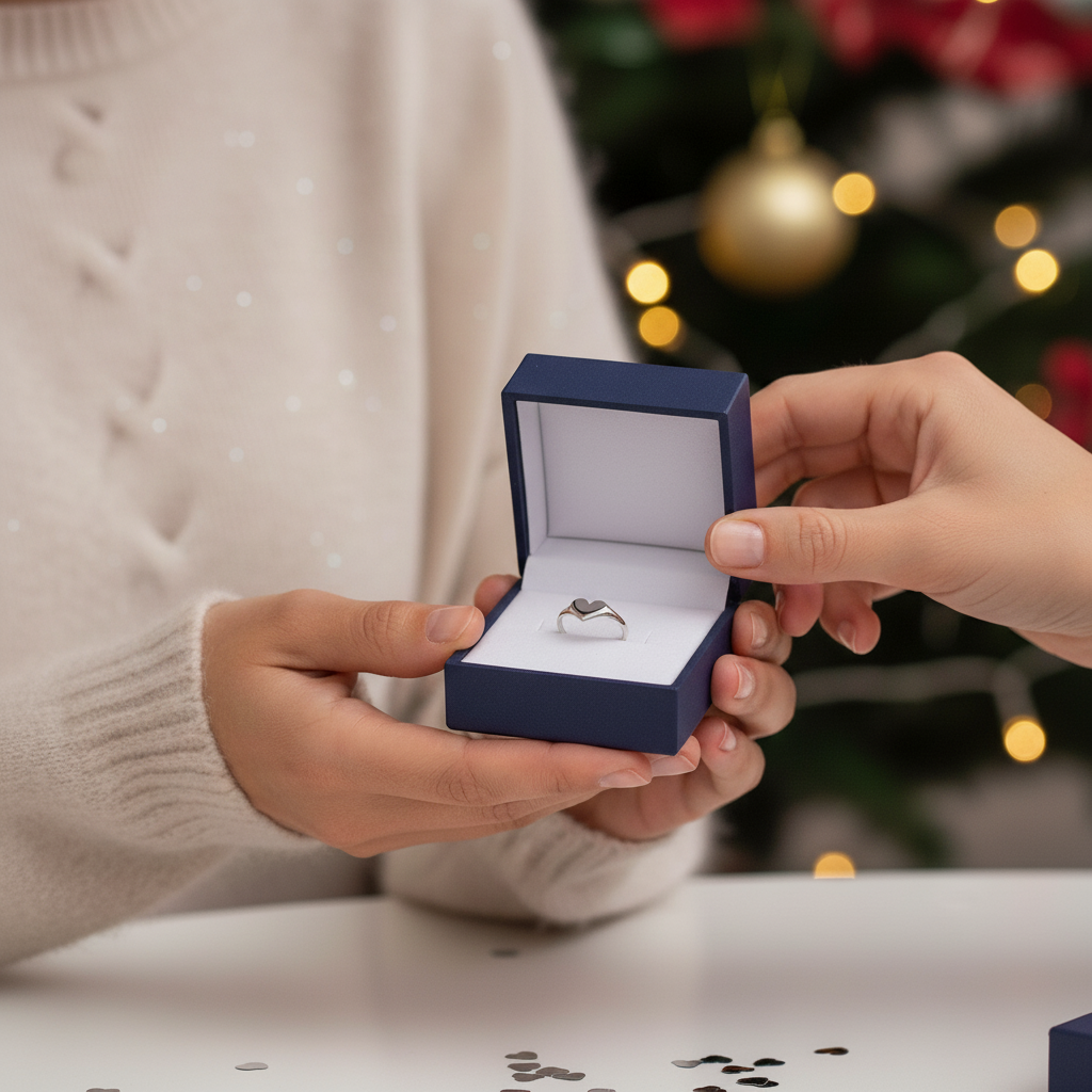 Sterling silver heart ring from Melchior Jewellery presented in a navy blue gift box during festive celebration