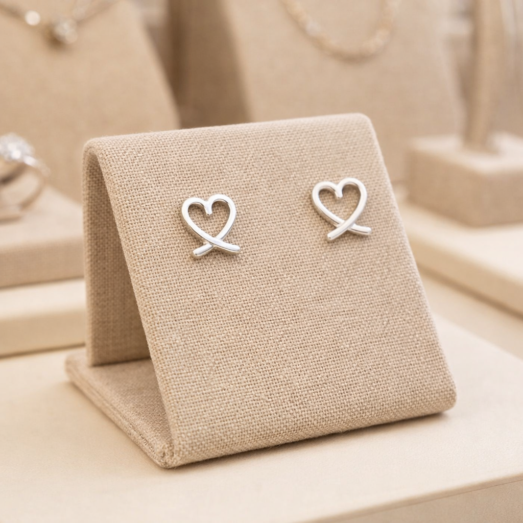 Melchior Jewellery sterling silver heart stud earrings displayed on beige fabric stand