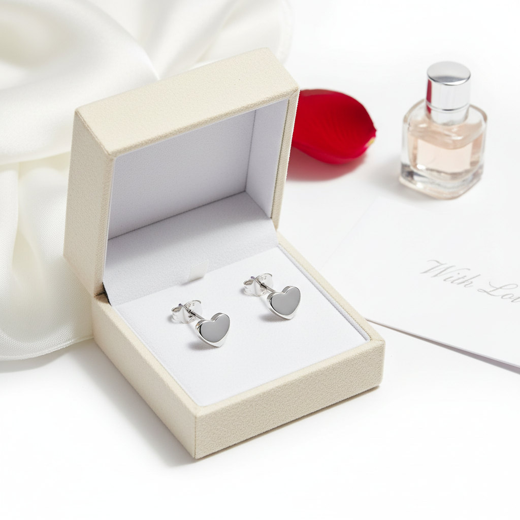 Melchior Jewellery sterling silver heart stud earrings displayed in a cream gift box with a rose petal and perfume bottle