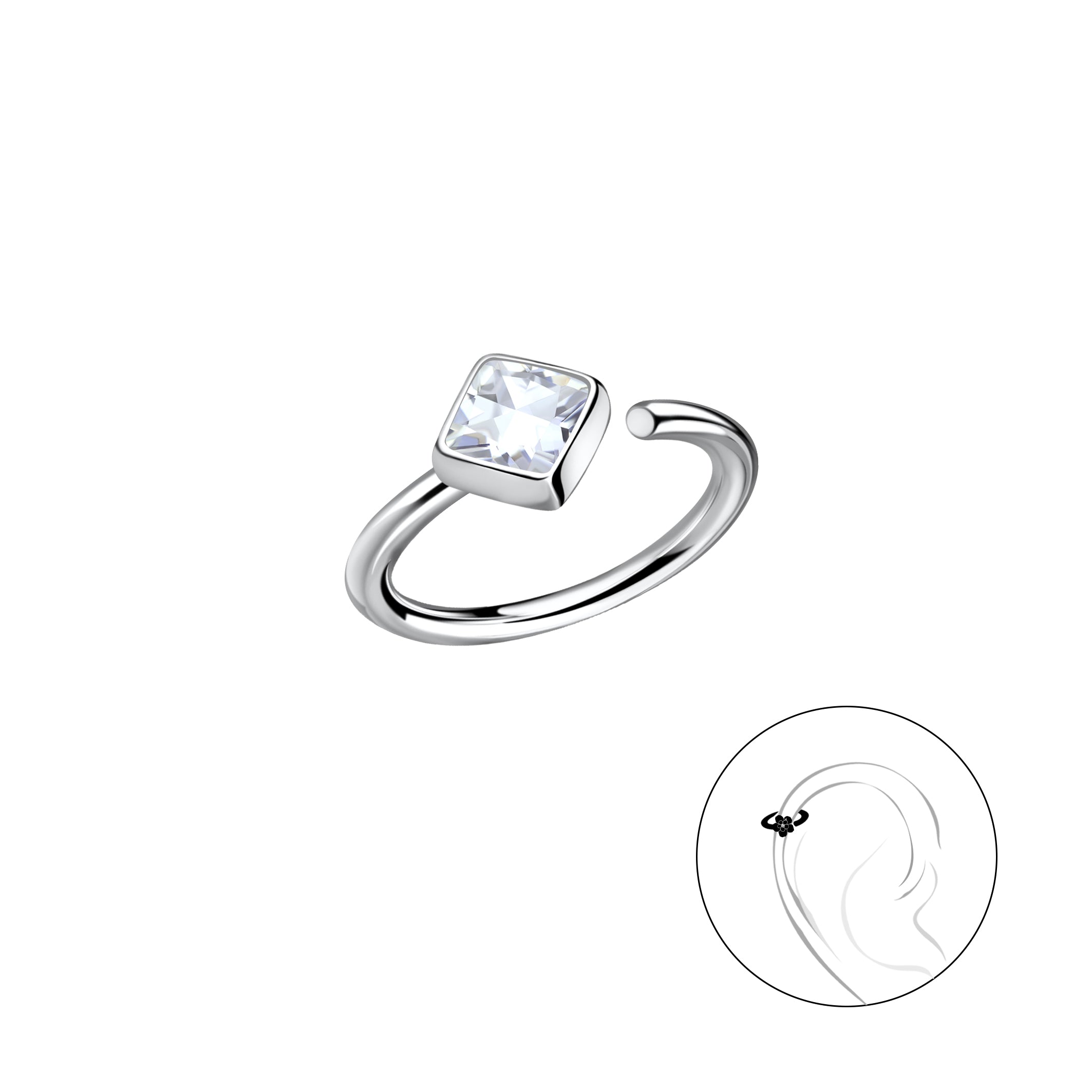 Melchior Jewellery sterling silver helix hoop earring with square clear gemstone for ear cartilage