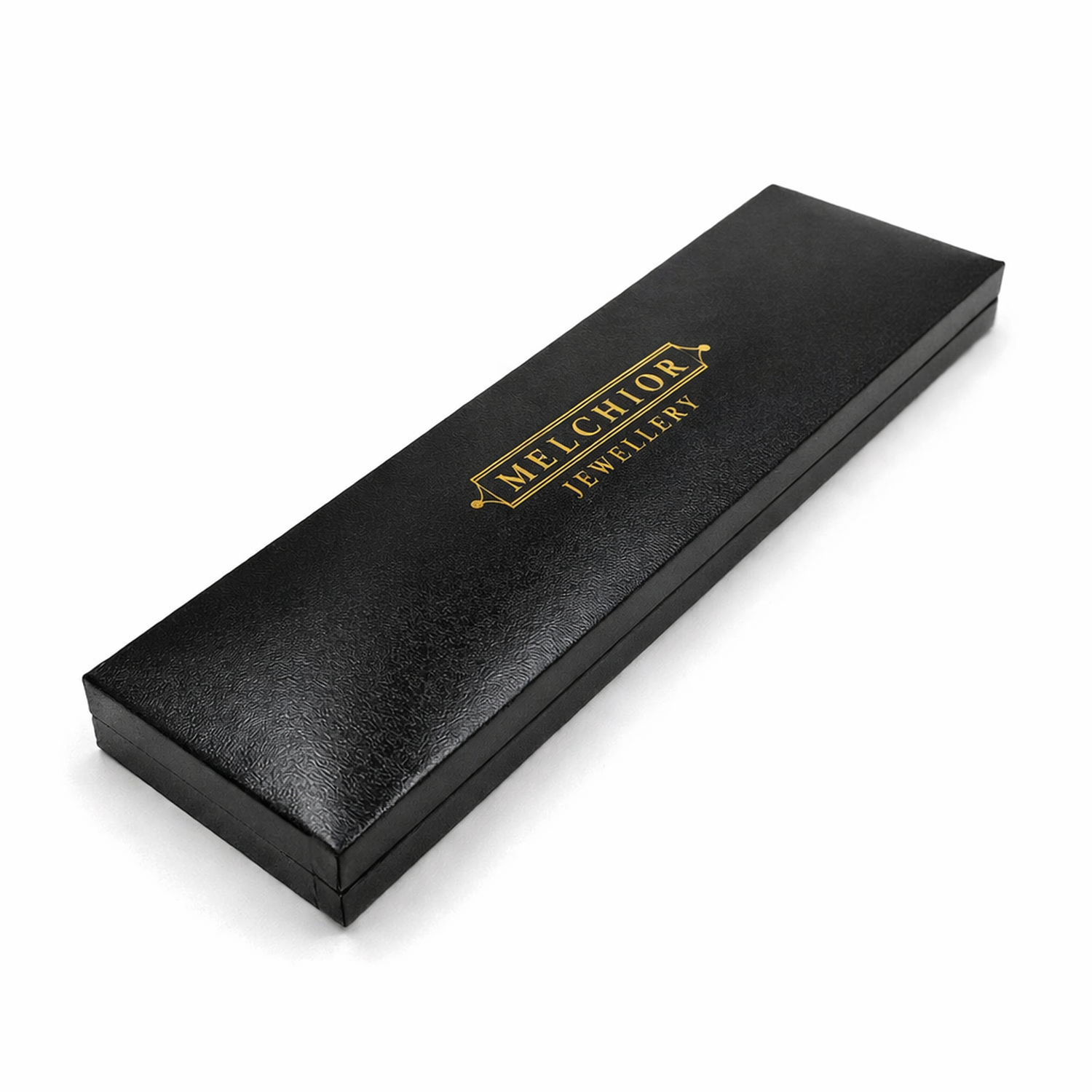 Black leather textured Melchior Jewellery box with gold logo for sterling silver heritage stallion bracelet
