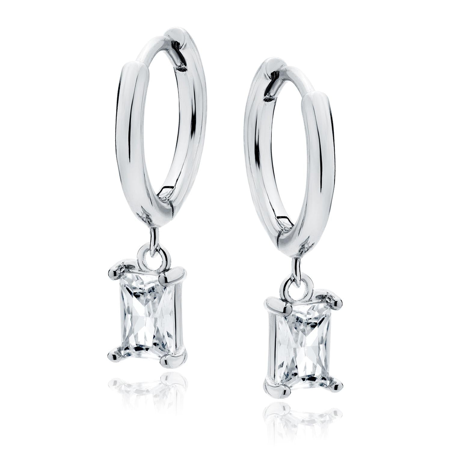 Melchior Jewellery sterling silver hoop drop earrings with rectangular clear crystal pendants