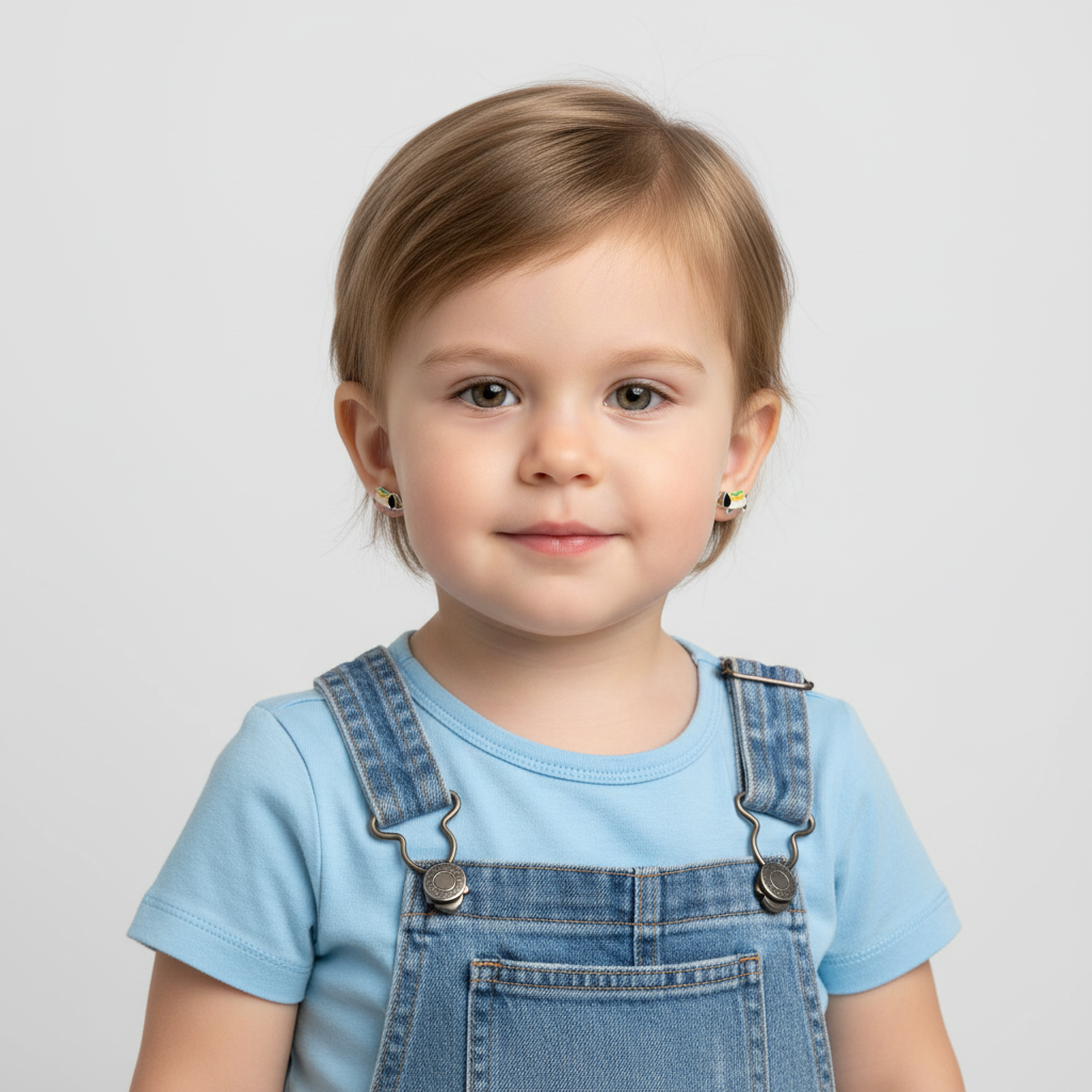 Young child wearing sterling silver hot dog stud earrings by Melchior Jewellery in blue top and denim overalls