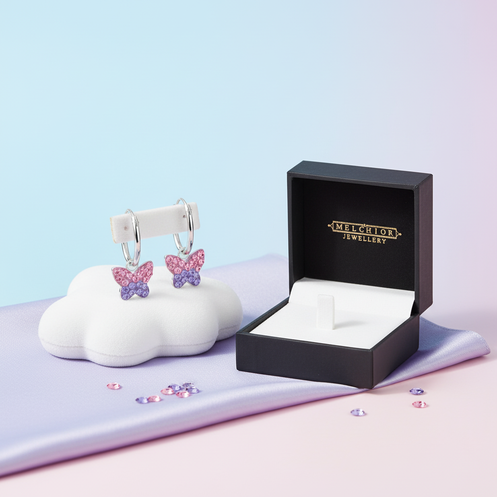 Sterling silver kids butterfly earrings by Melchior Jewellery with pink and purple butterfly charms