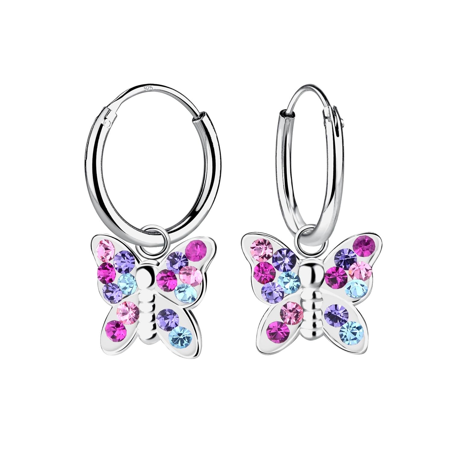 Melchior Jewellery sterling silver kids butterfly earrings with colourful pink and blue stones