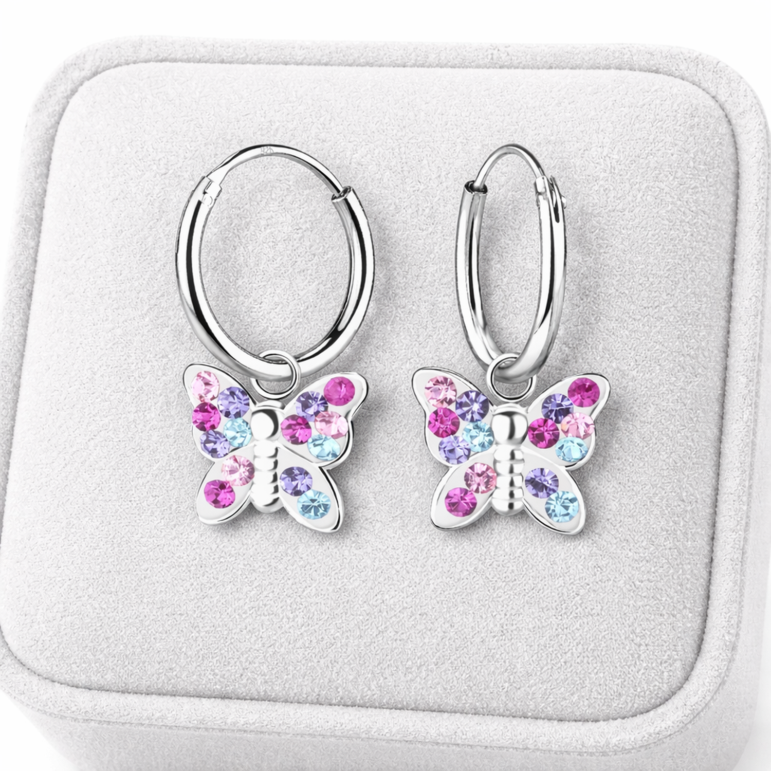Sterling silver kids butterfly earrings with pink purple and blue gemstones by Melchior Jewellery