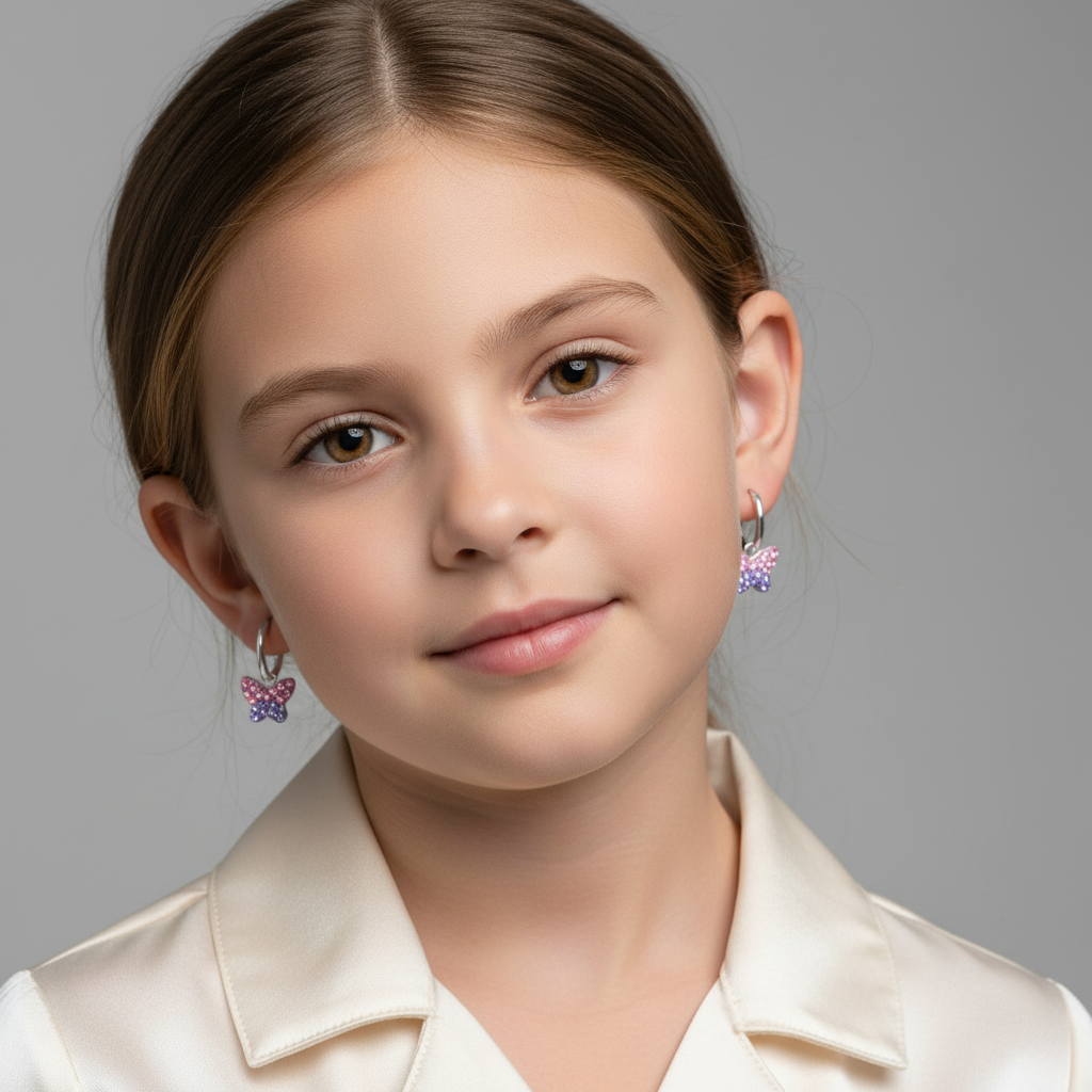 Young girl wearing sterling silver kids butterfly earrings by Melchior Jewellery with purple and pink butterfly charms