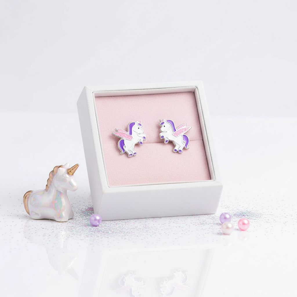 Sterling silver kids earrings unicorn design with purple and pink details in white jewellery box