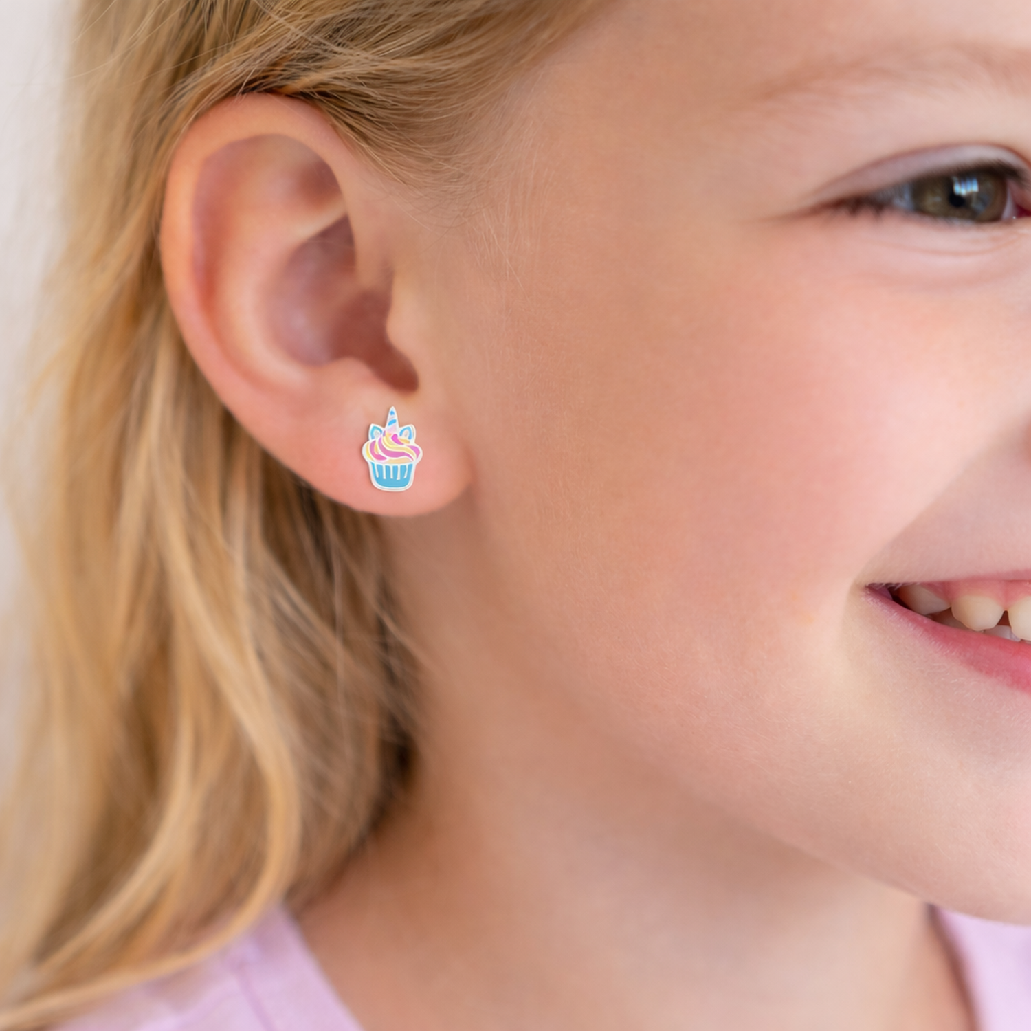 Melchior Jewellery sterling silver kids earrings cupcake design worn by child