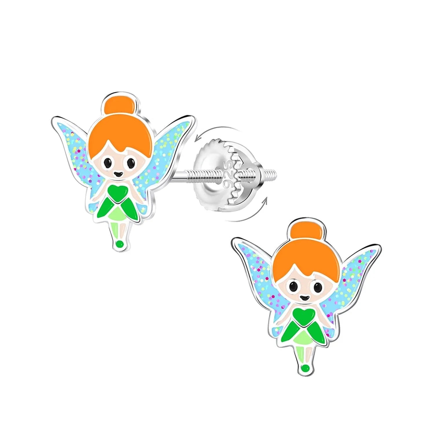Melchior Jewellery Sterling Silver Kids Fairy Earrings with orange hair, green dress, and sparkly blue wings