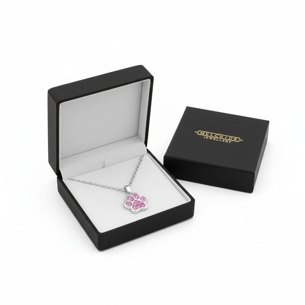 Sterling silver kids necklace with pink paw pendant in Melchior Jewellery black gift box
