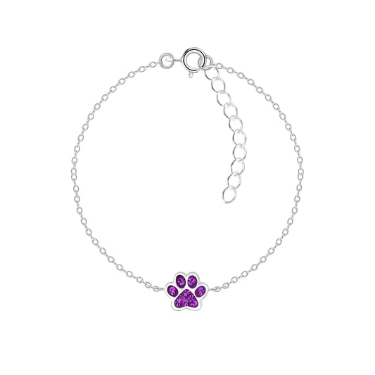 Sterling silver kids paw bracelet with purple paw charm on delicate chain by Melchior Jewellery