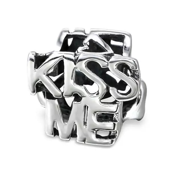 Sterling silver kiss me charm bead by Melchior Jewellery with bold letter design