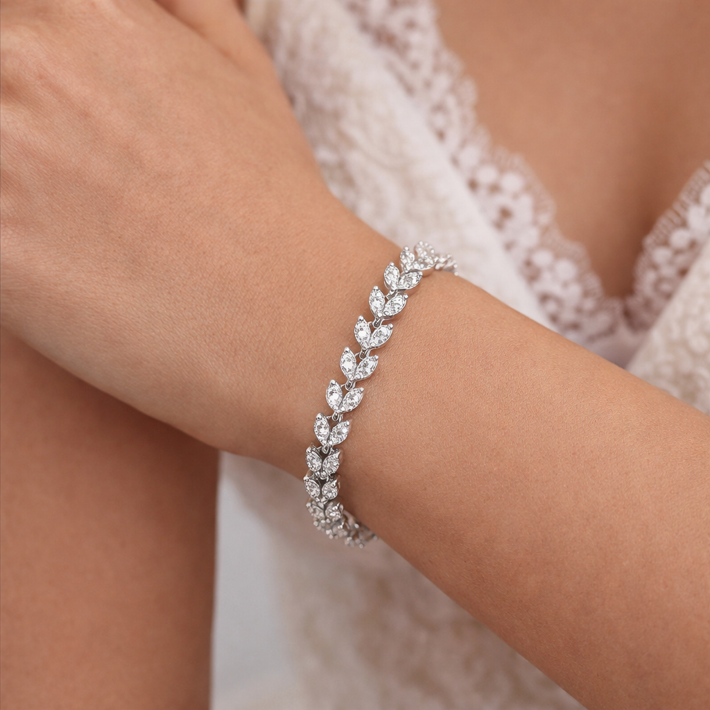 Melchior Jewellery sterling silver leaf bracelet with sparkling detailed leaf design on wrist