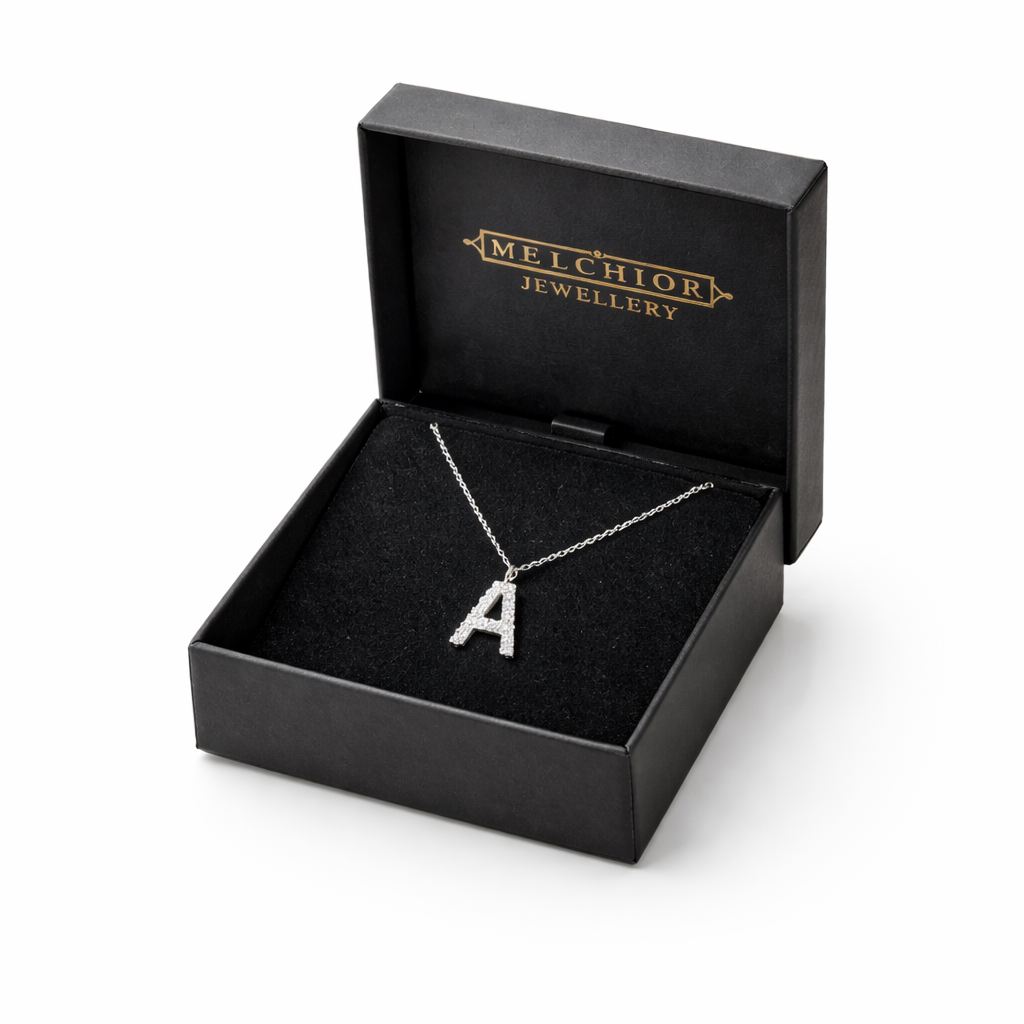 Sterling silver letter A jewellery necklace with chain in Melchior Jewellery black gift box