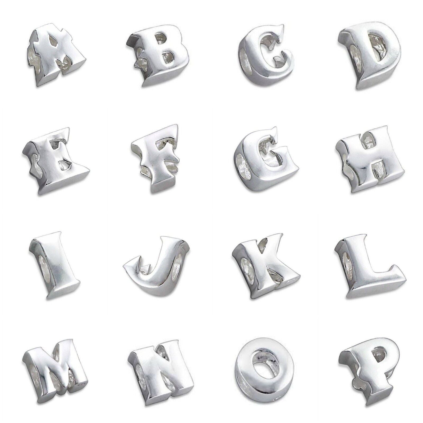 Melchior Jewellery sterling silver letter bead charm set showing A to P polished alphabet beads for personalised bracelets
