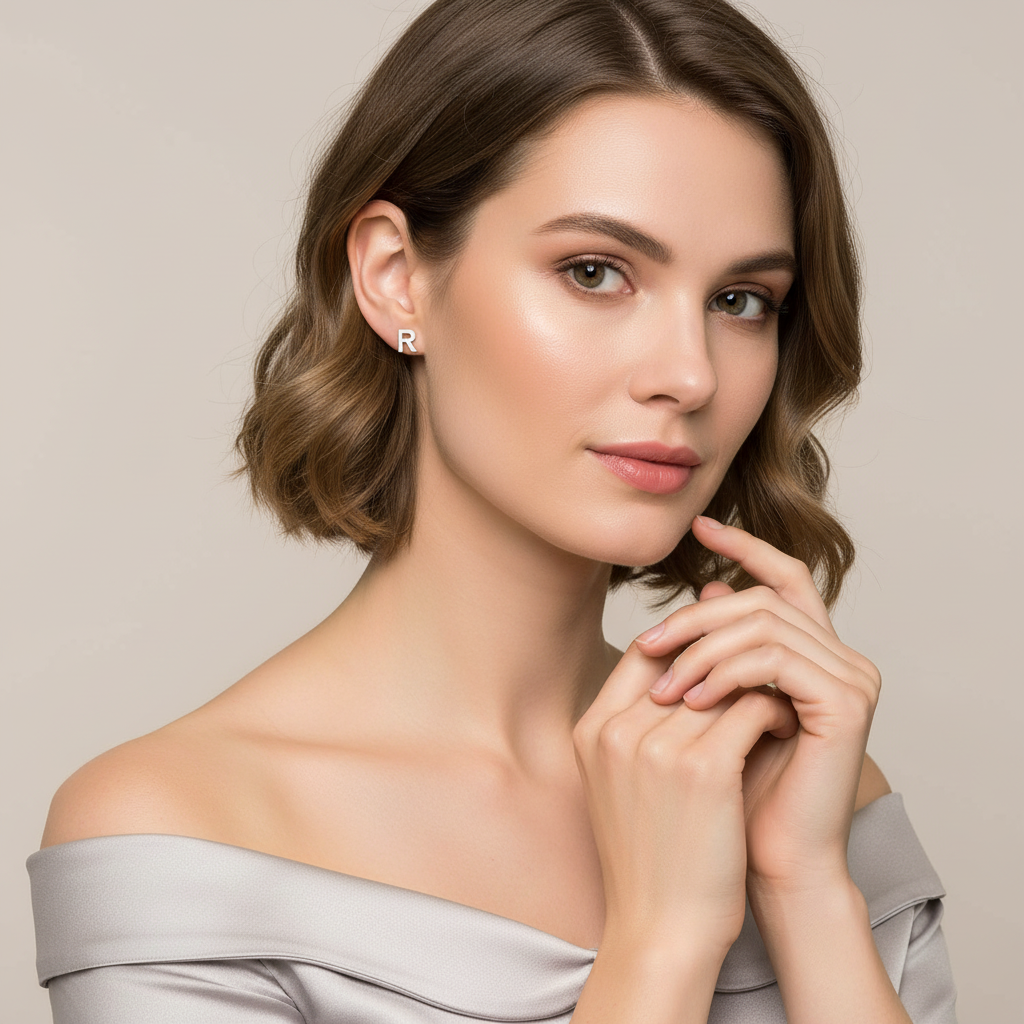 Melchior Jewellery sterling silver letter R earrings worn by woman with short brown hair and off-shoulder top