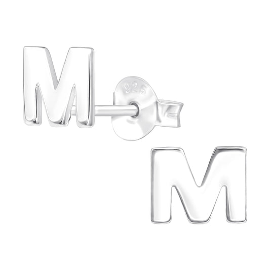 Sterling silver M stud earrings for girls by Melchior Jewellery letter design childrens earrings