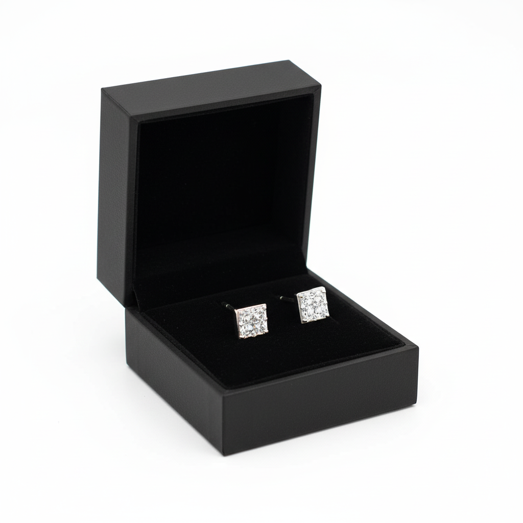 Sterling silver mens 4mm square cz stud single earring displayed in black jewellery box