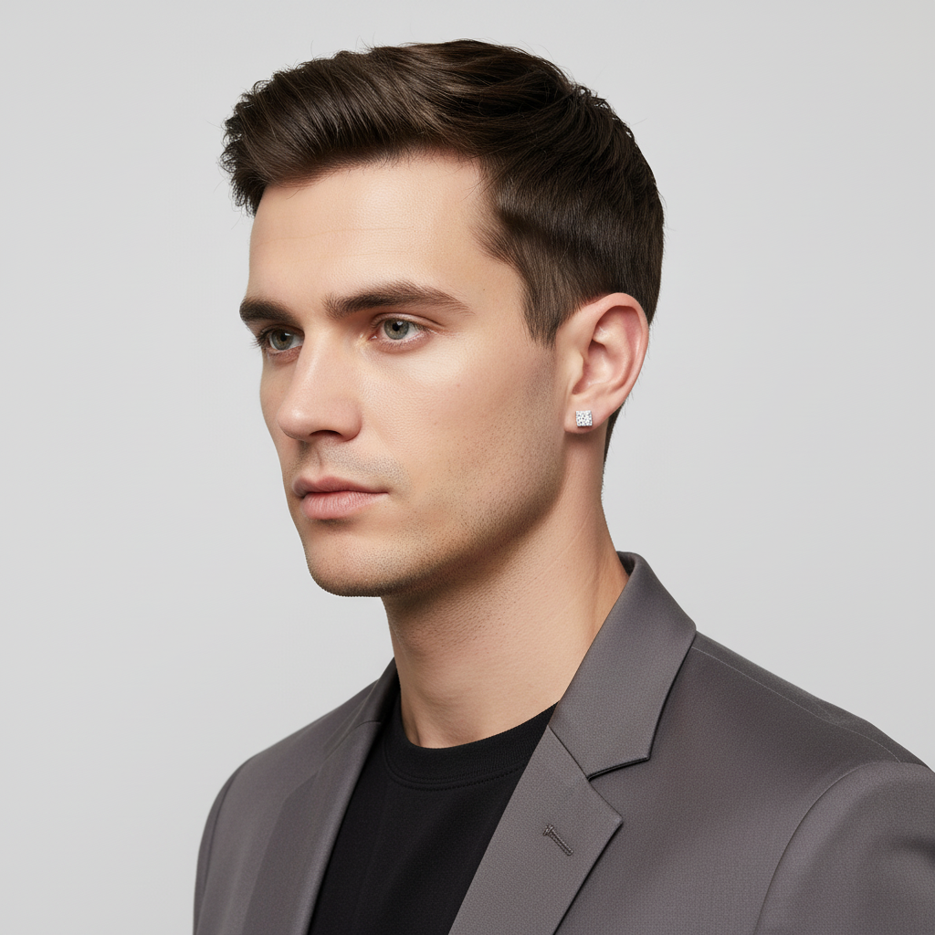 Man wearing sterling silver mens 4mm square cz stud single earring with a grey blazer