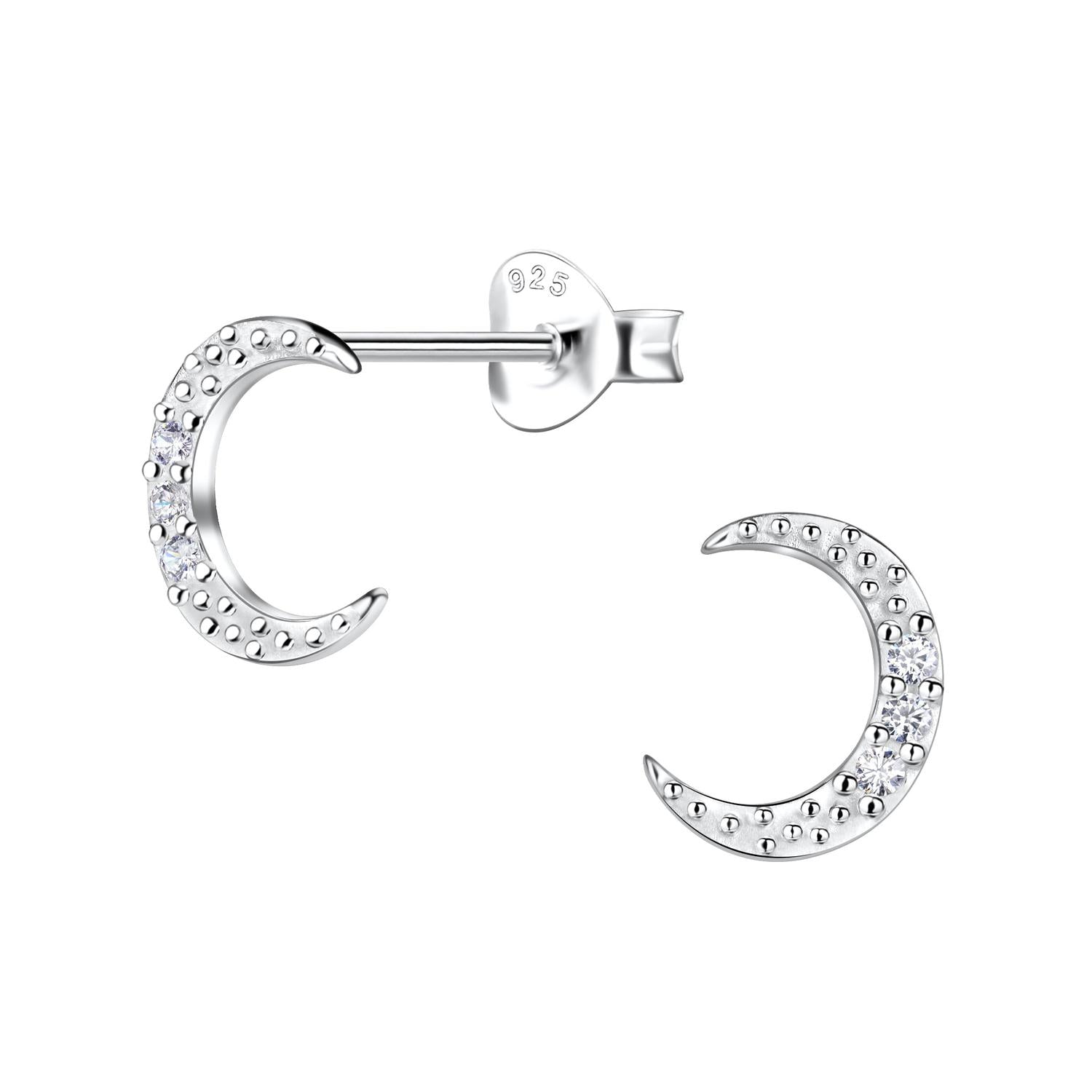 Sterling silver moon stud earrings with cubic zirconia stones for women by Melchior Jewellery