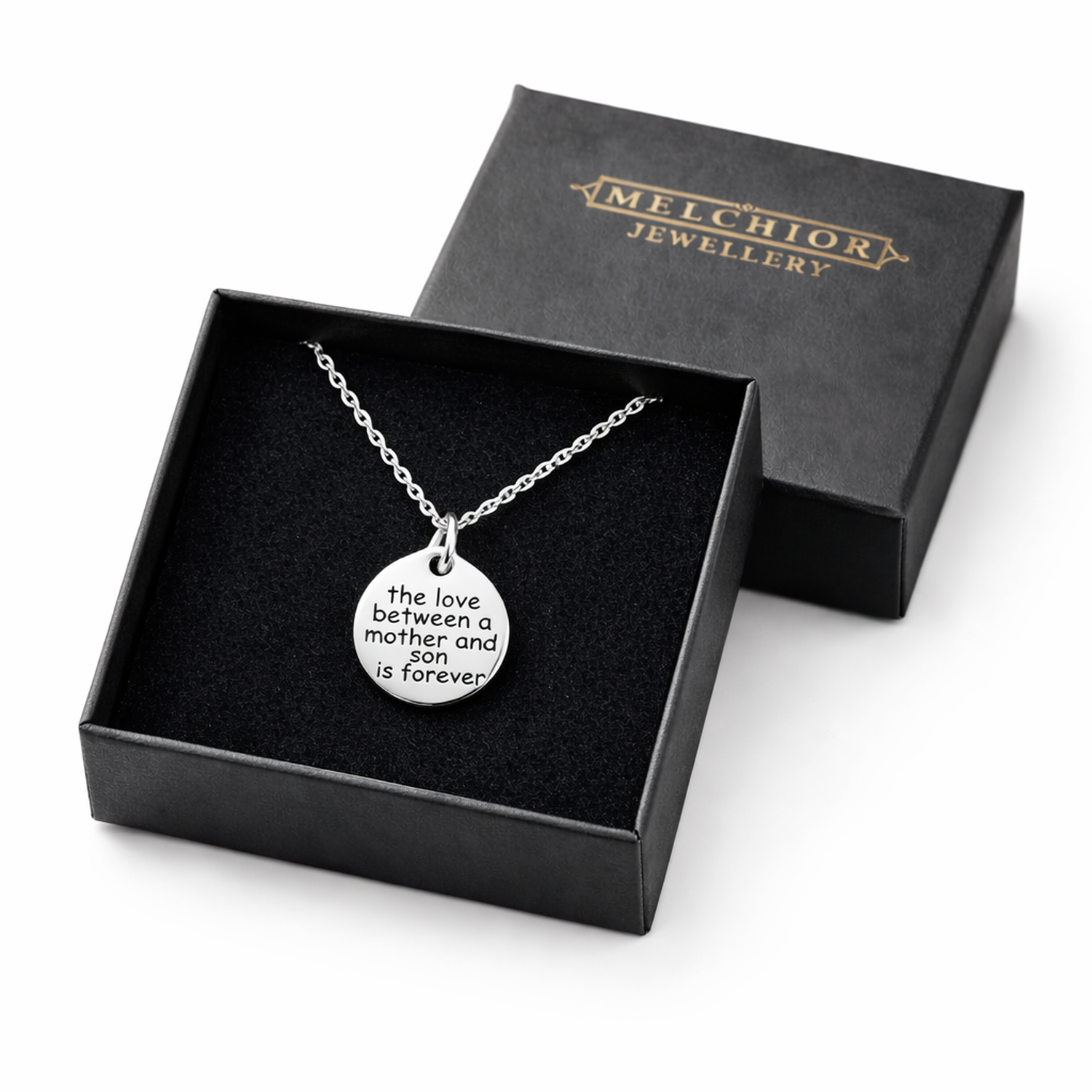 Melchior Jewellery sterling silver mother and son necklace with engraved love message in black gift box