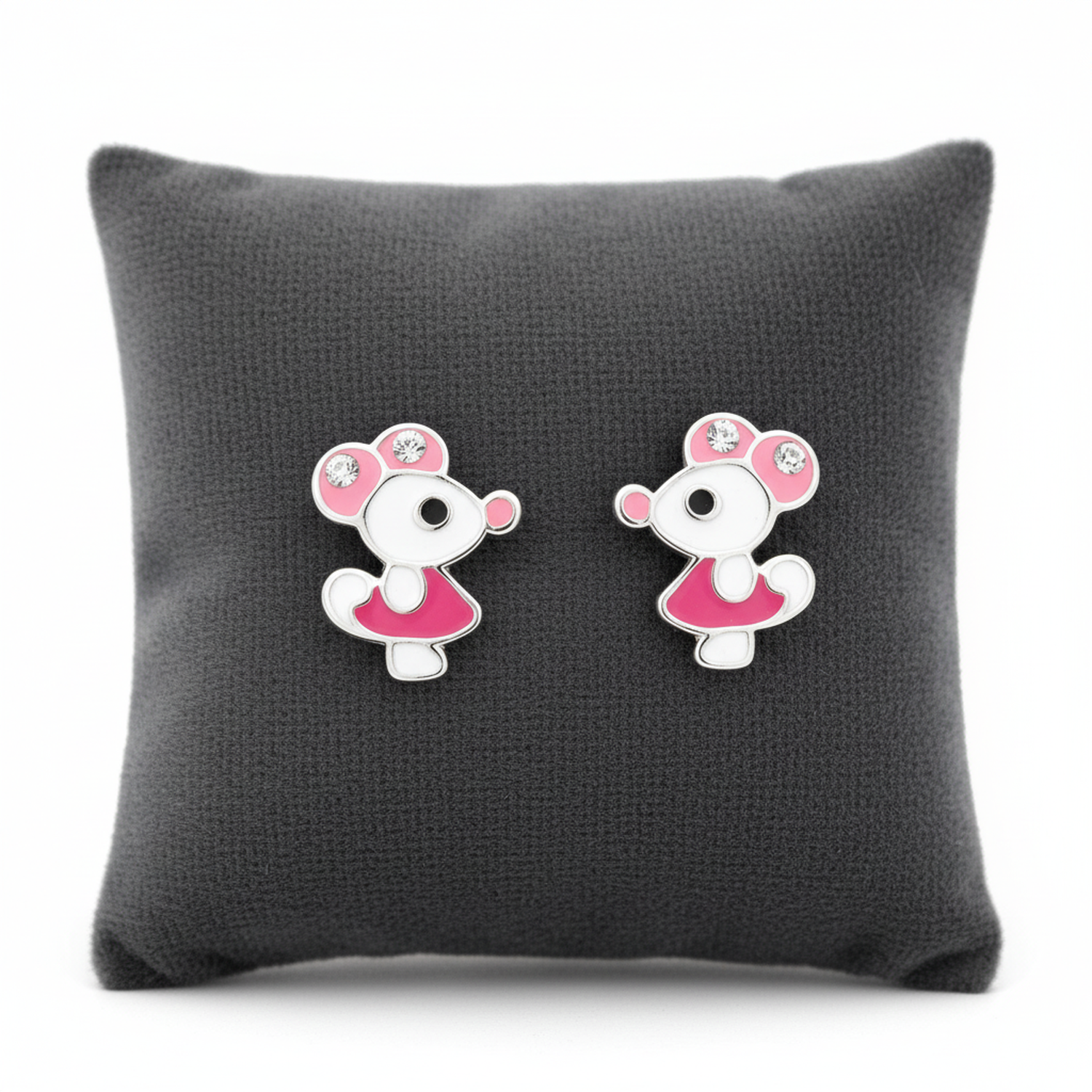 Sterling silver mouse studs for girls in pink and white enamel by Melchior Jewellery on grey cushion