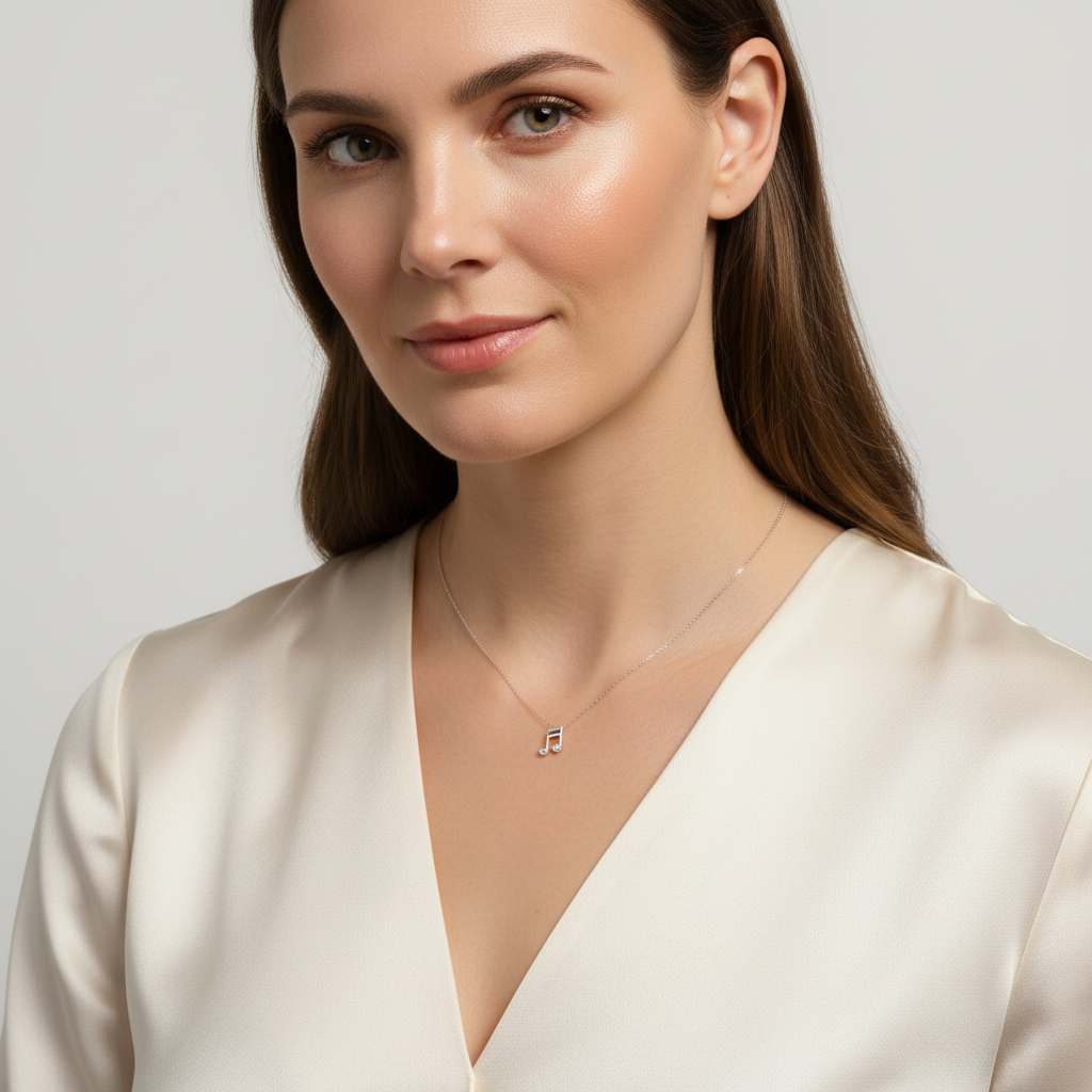 Elegant sterling silver music note necklace worn by woman with cream blouse from Melchior Jewellery