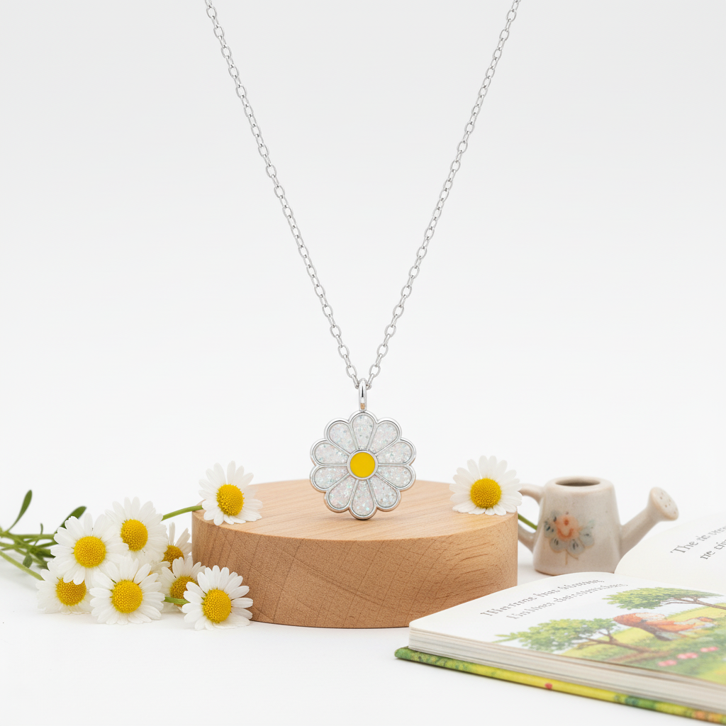 Sterling silver necklace for children with daisy flower pendant displayed with daisies and a storybook