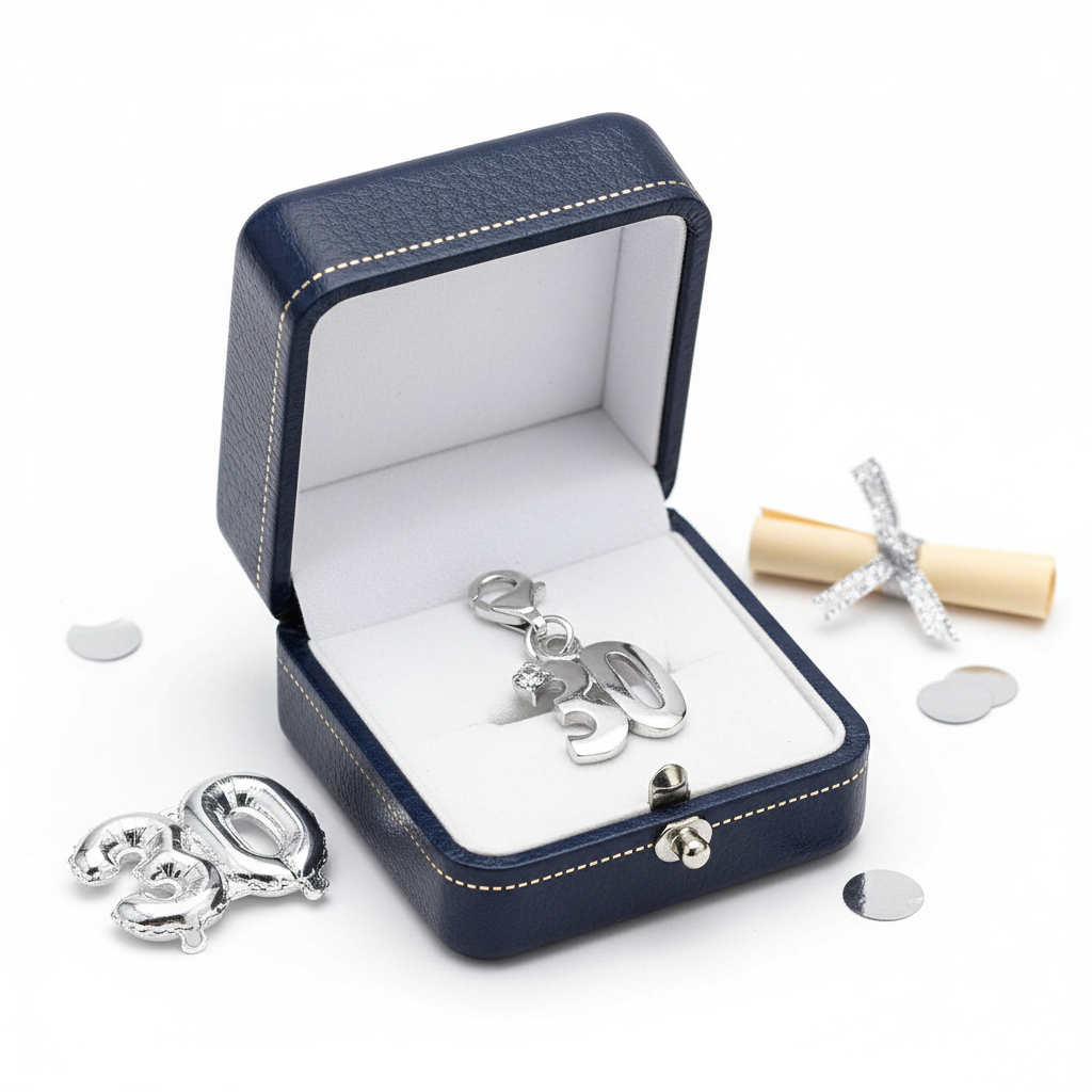 Sterling silver number 30 charm clip on displayed in a navy blue jewellery box by Melchior Jewellery