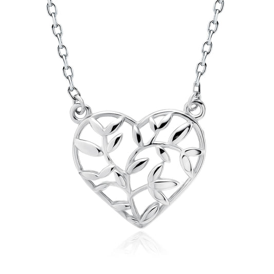 Sentiell sterling silver olive leaf pendant in heart shape on delicate chain necklace