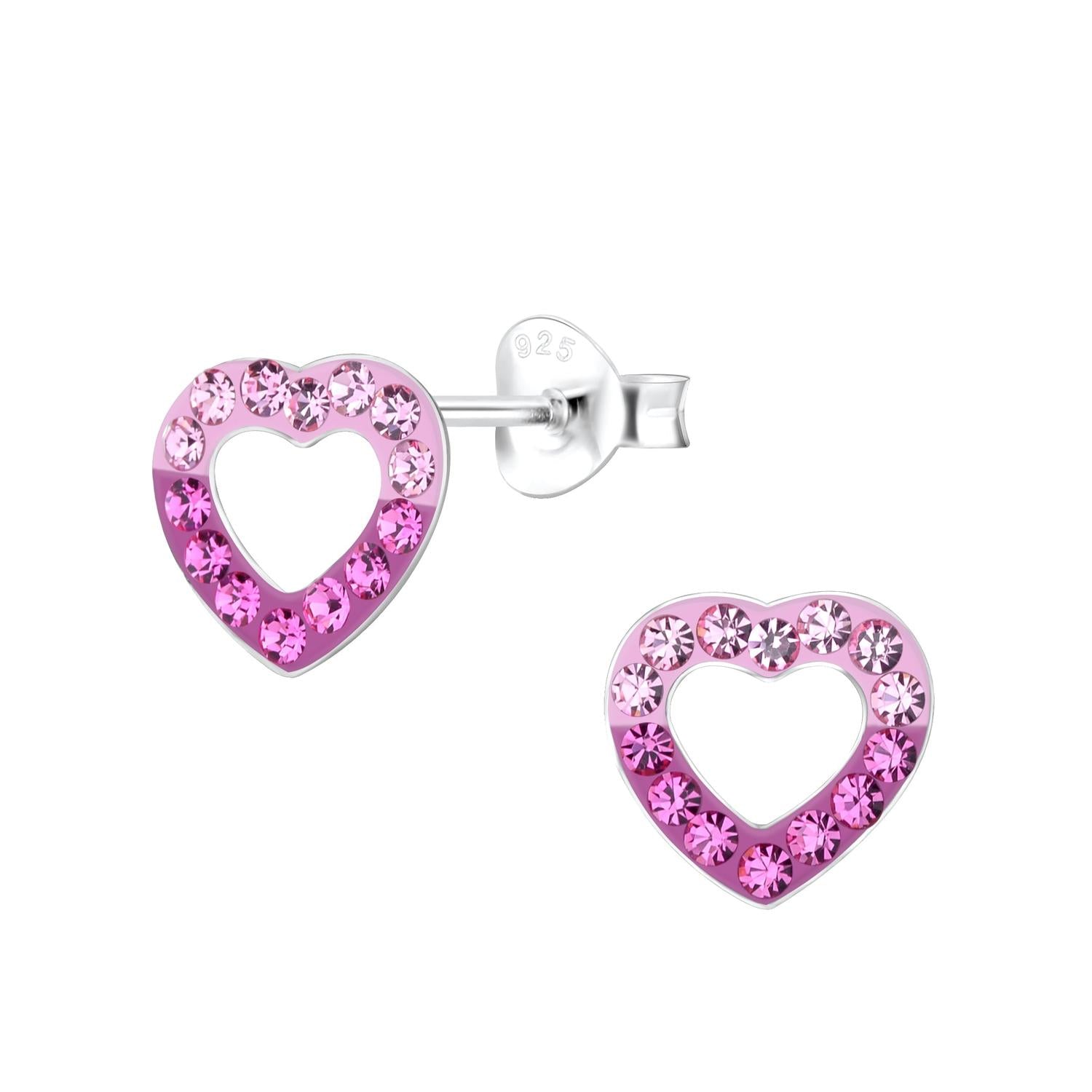 Melchior Jewellery Sterling Silver Open Heart Earrings for children with pink and purple crystals