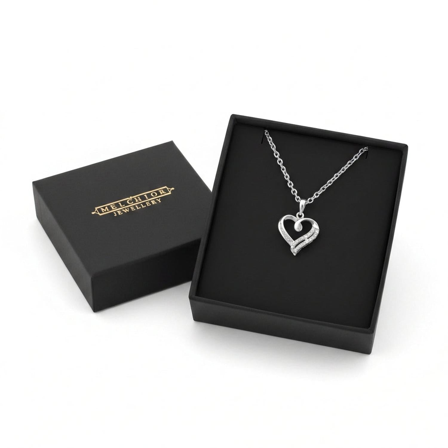 Melchior Jewellery sterling silver open heart necklace in black gift box for women