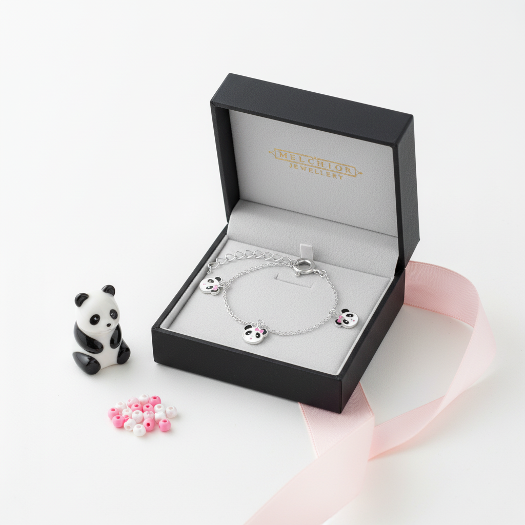 Sterling silver panda charm bracelet for girls by Melchior Jewellery displayed in a black gift box