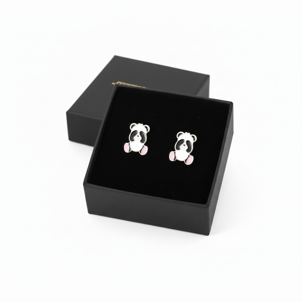 Melchior Jewellery sterling silver panda earrings for children in black presentation box