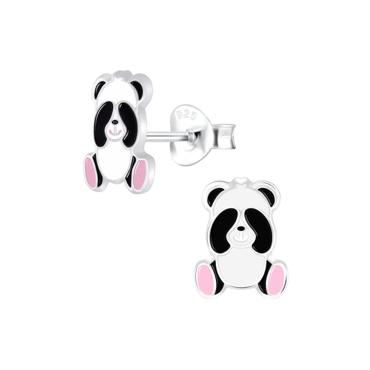 Melchior Jewellery sterling silver panda earrings for children with cute black and pink detailing