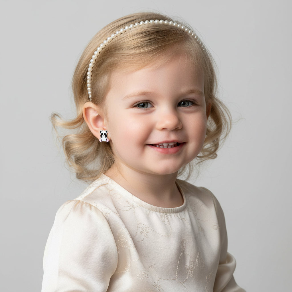 Young girl wearing Melchior Jewellery sterling silver panda earrings with pearl headband and cream dress
