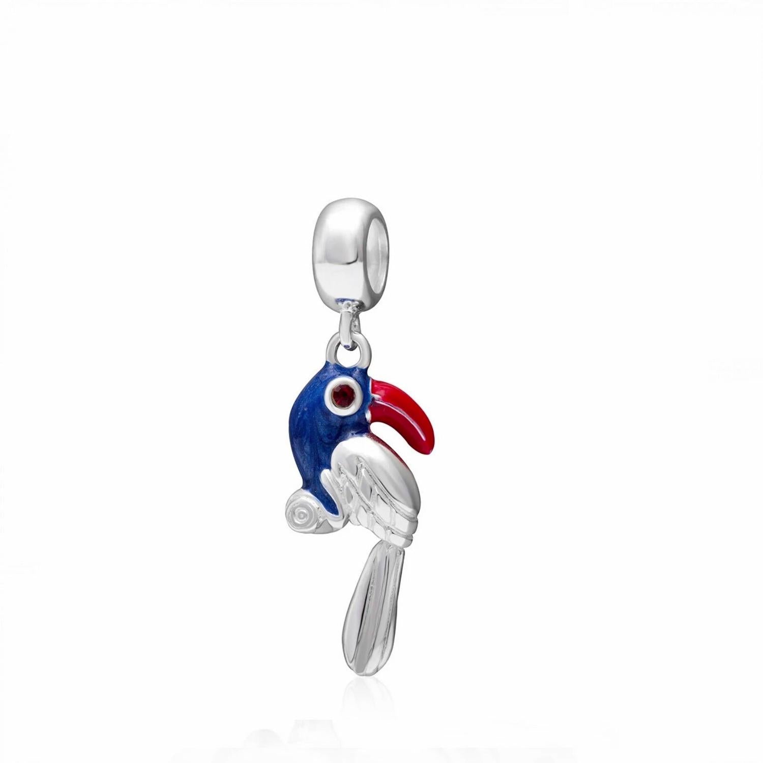 Melchior Jewellery sterling silver parrot charm bead with blue enamel and red beak detail