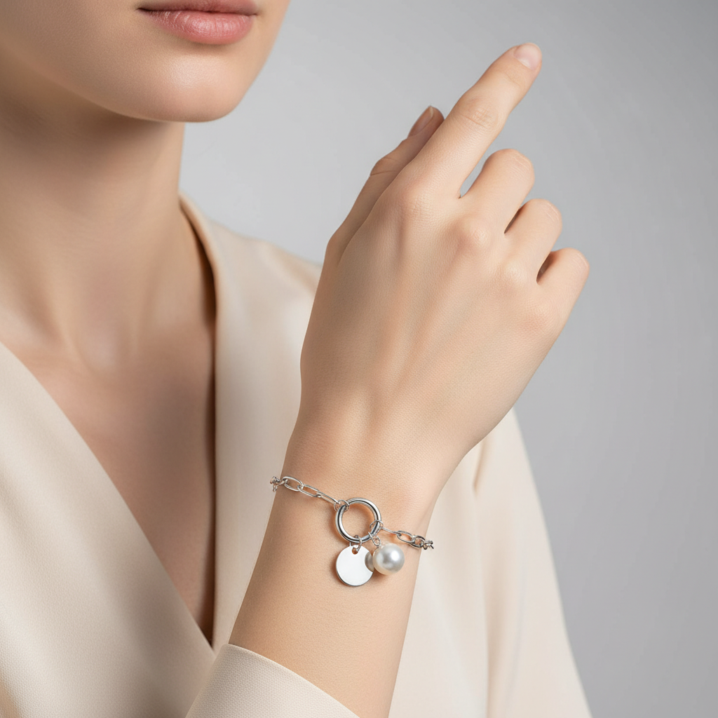 Melchior Jewellery sterling silver pearl bracelet with chain links and charm on model wrist