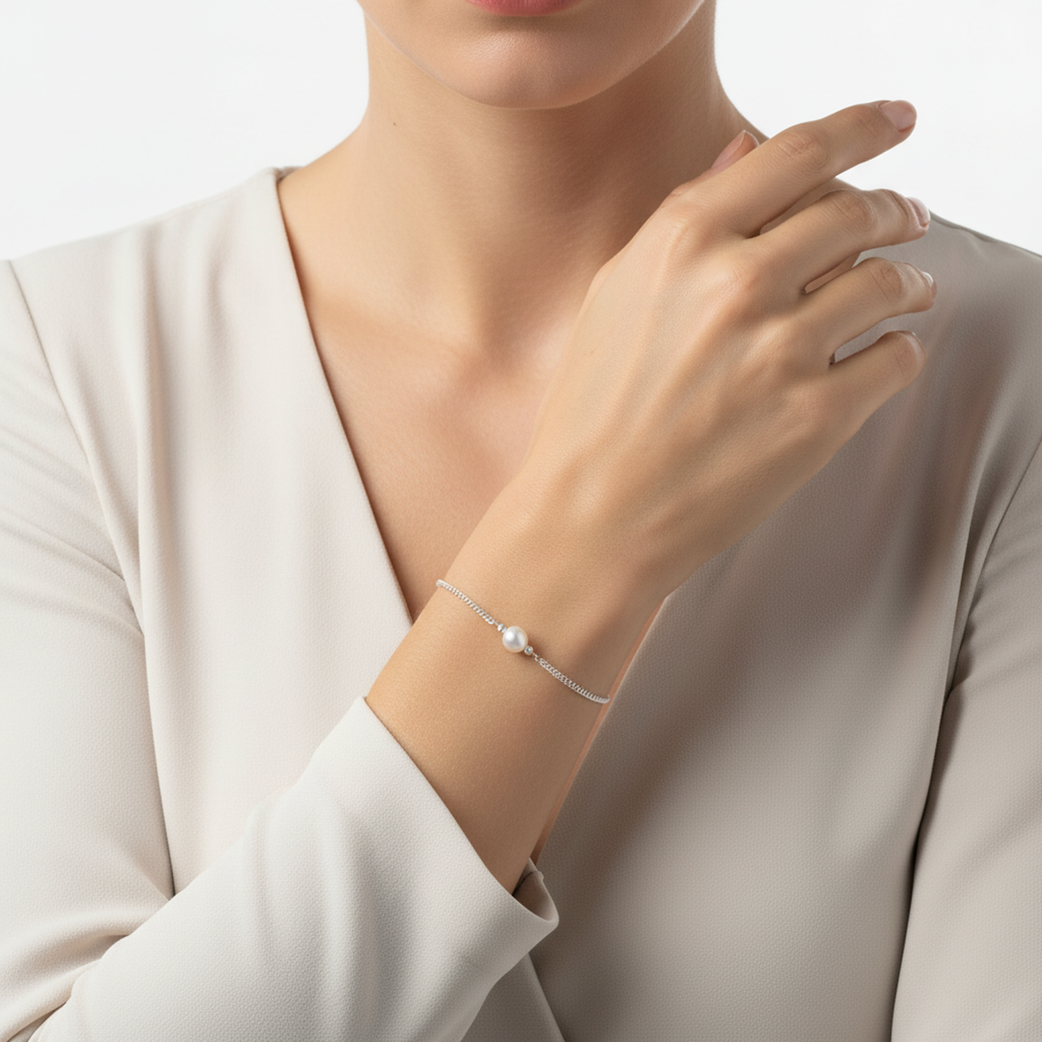Melchior Jewellery sterling silver pearl bracelet worn on wrist by woman in white blouse