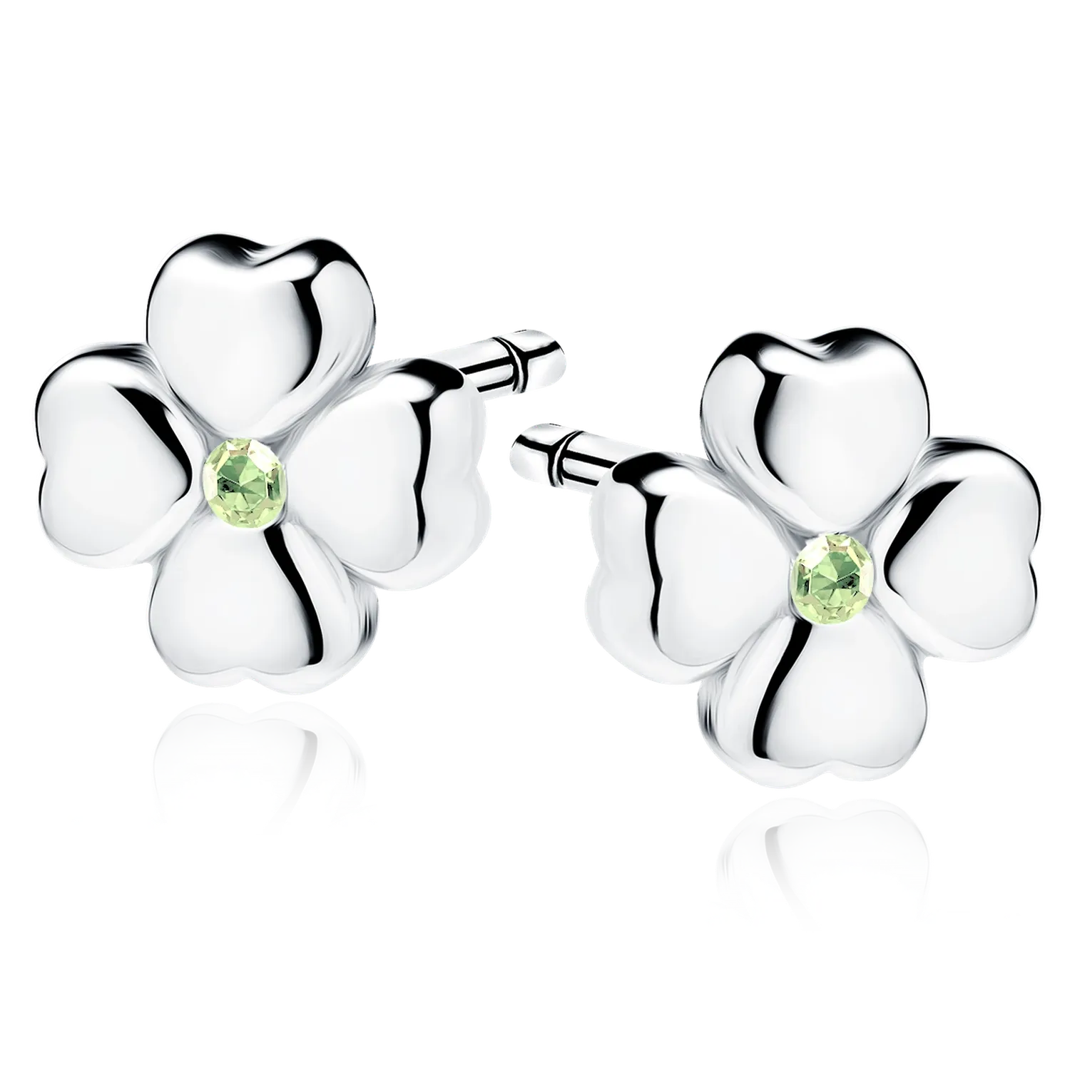 Melchior Jewellery sterling silver peridot stud earrings shaped like four heart petals with green gemstone centre