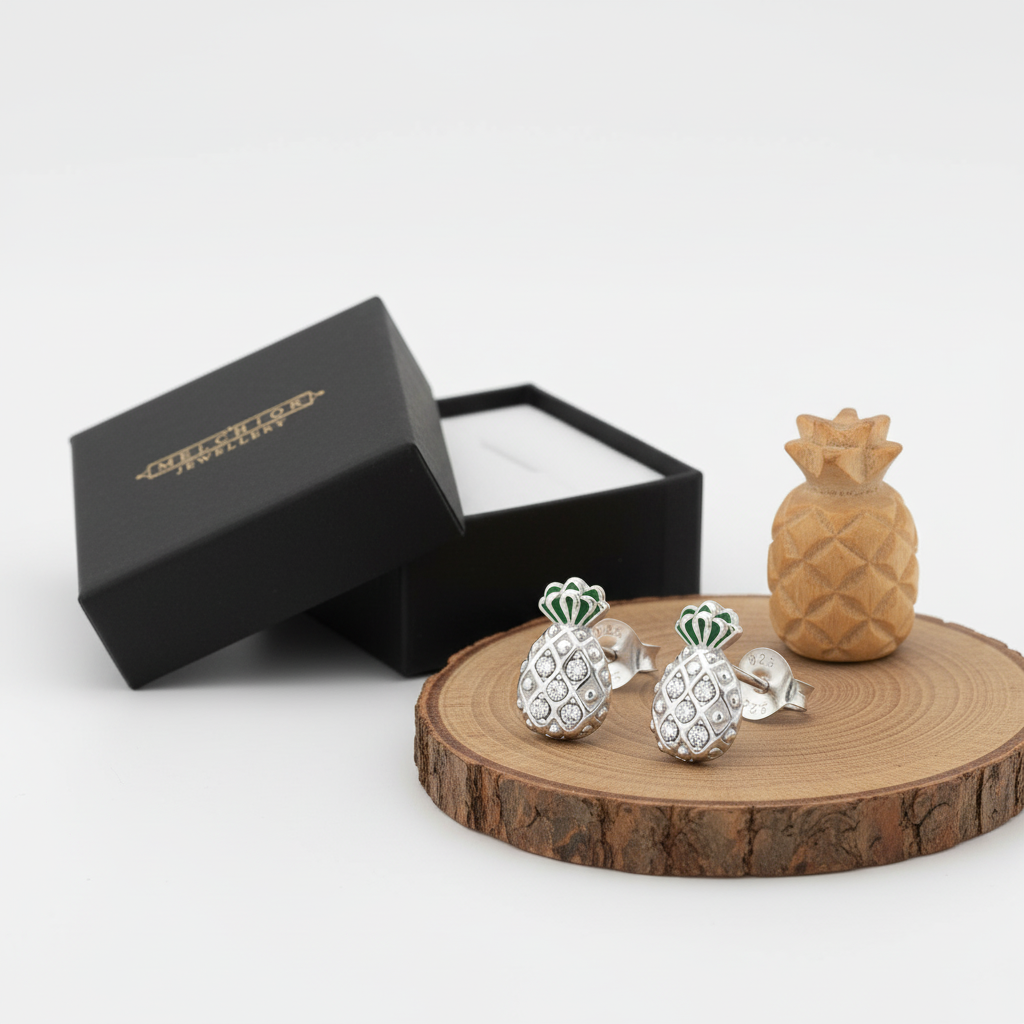 Melchior Jewellery sterling silver pineapple stud earrings displayed on wooden base with black gift box