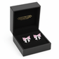 Melchior Jewellery sterling silver pink bow earrings displayed in black presentation box