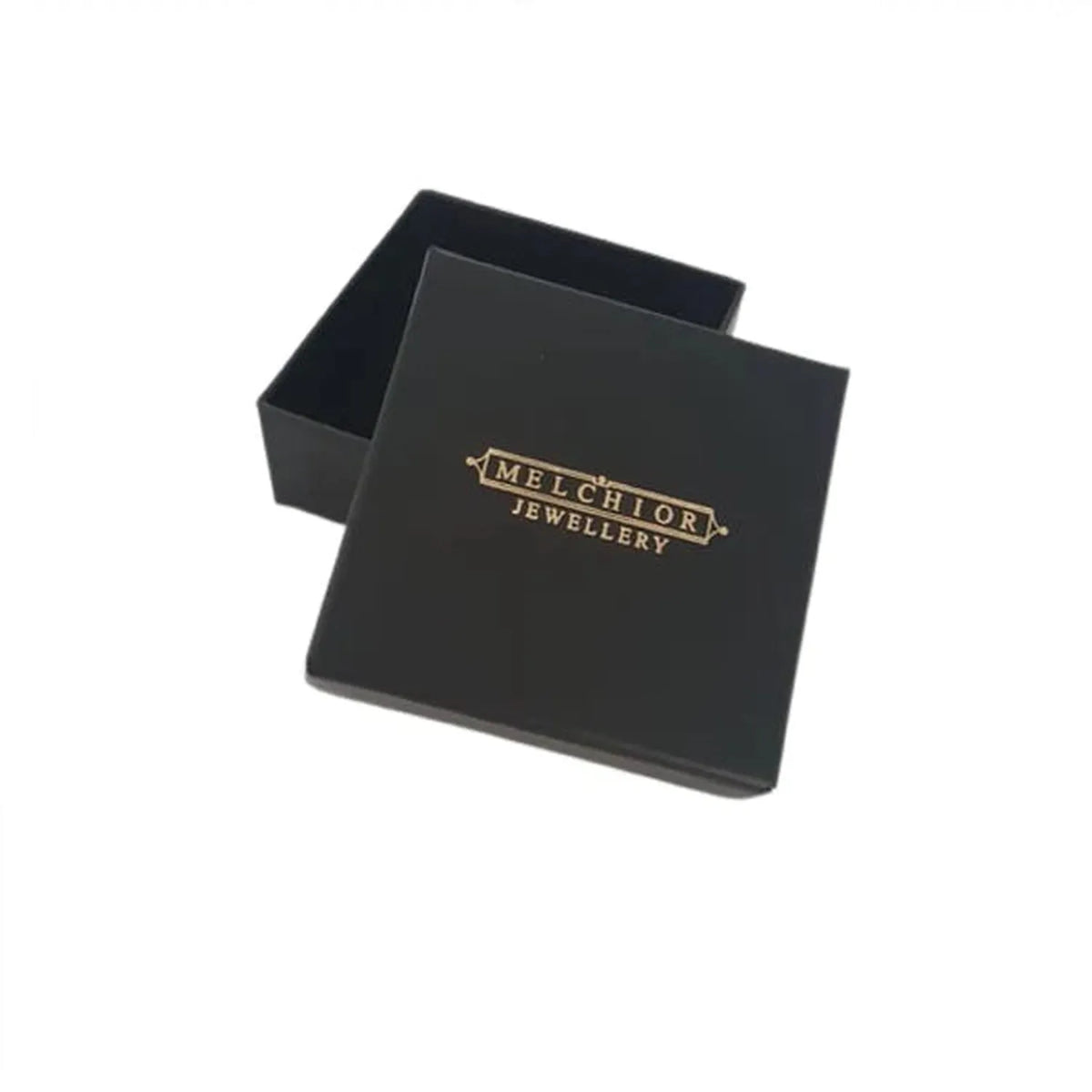 Black Melchior Jewellery box with gold logo, perfect for gifting sterling silver pink butterfly necklace