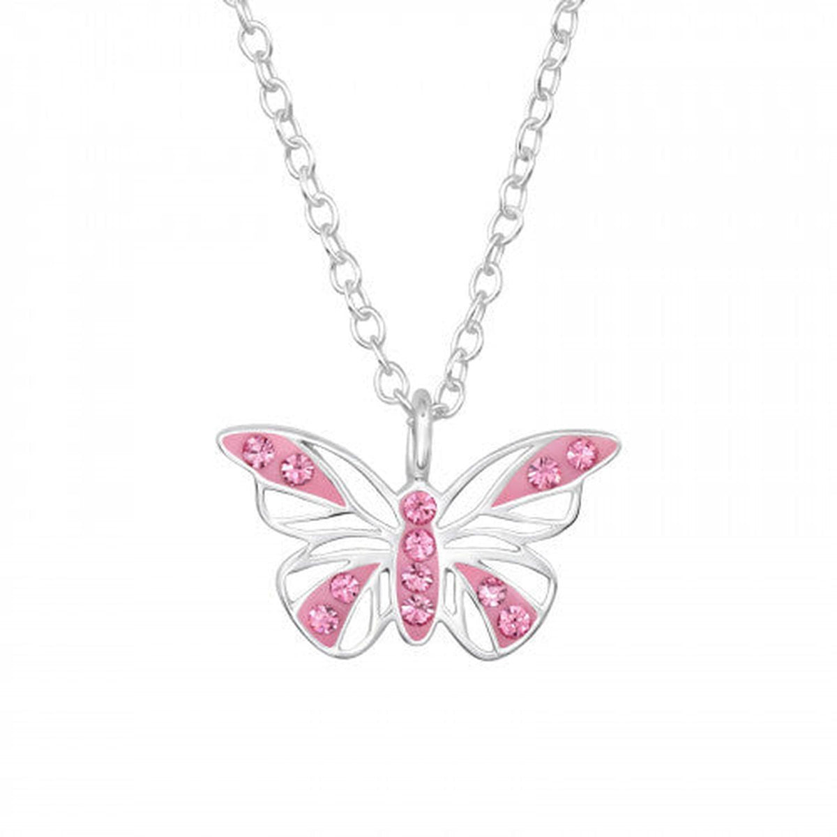 Melchior Jewellery kids sterling silver pink butterfly necklace pendant with pink crystal accents on a delicate chain