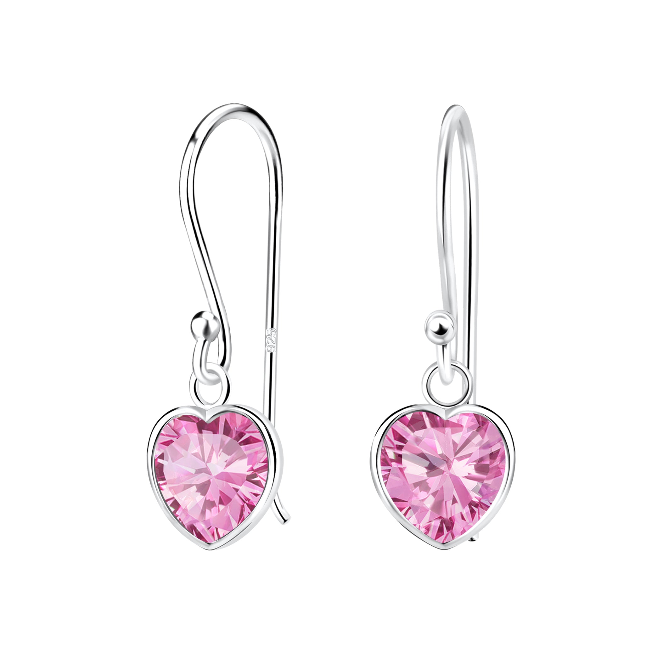 Melchior Jewellery sterling silver pink heart drop earrings with delicate hooks and sparkling pink stones