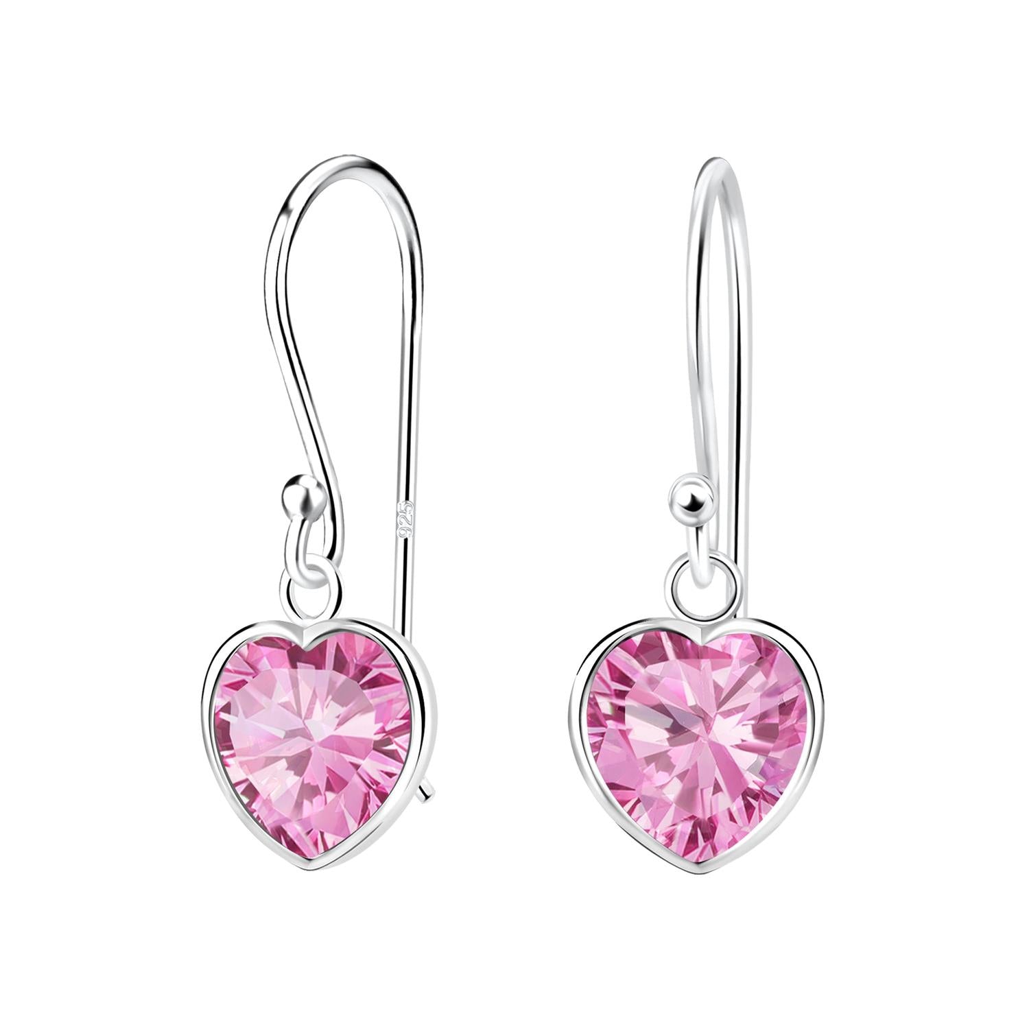 Sterling silver pink heart earrings with sparkling pink gemstones designed for women by Melchior Jewellery