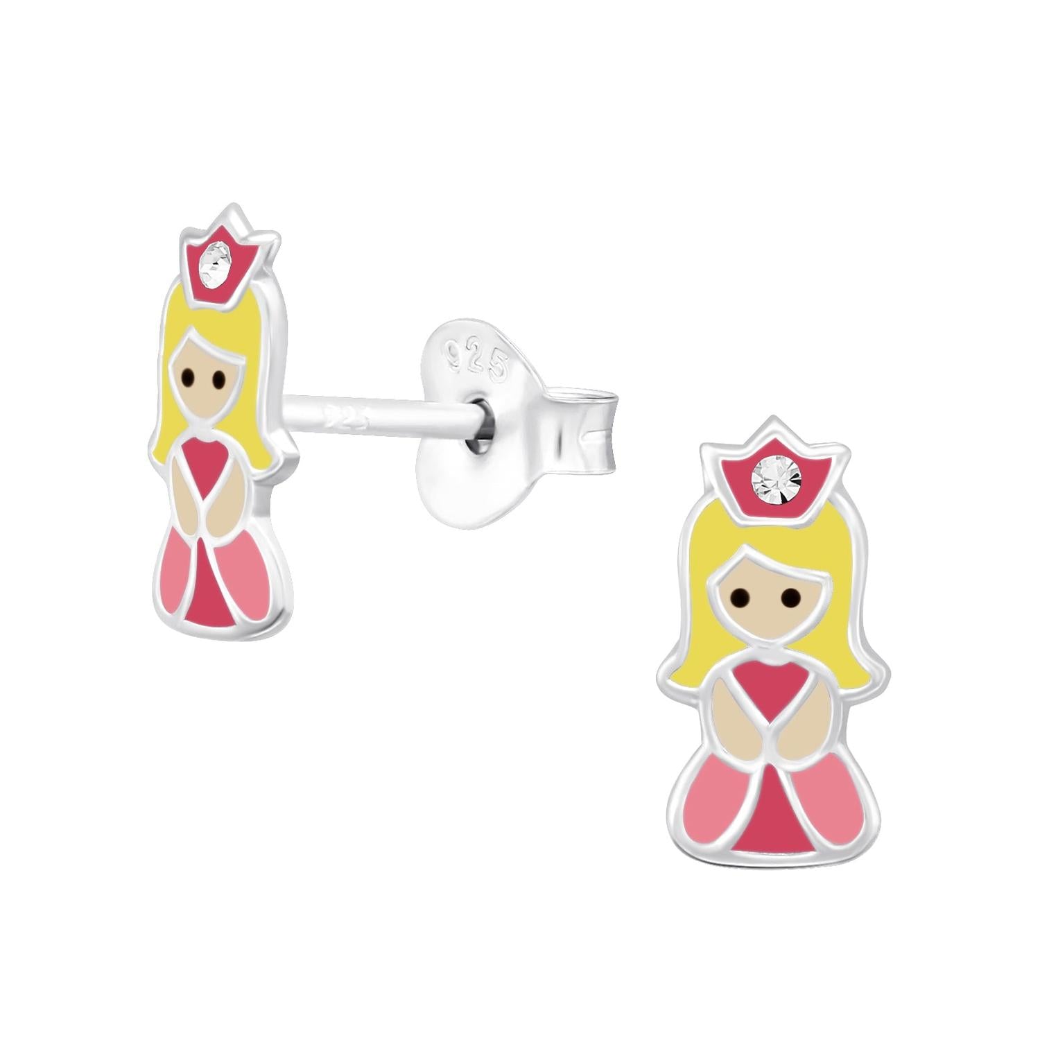 Sterling Silver Princess Earrings by Melchior Jewellery with pink dress, yellow hair, and red crown detail